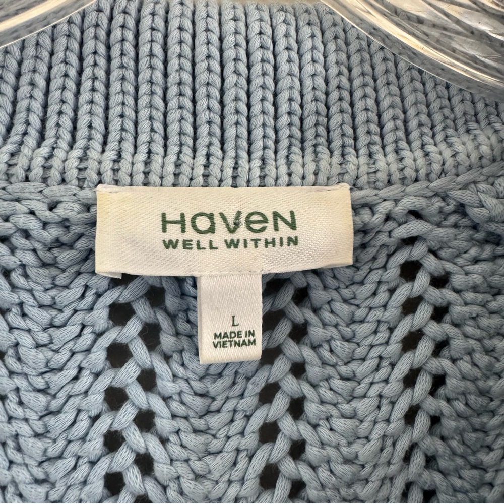 Haven Well Within Open Stitch Johnny Collar Cotton Blue Sweater Size Large - Picture 11 of 12